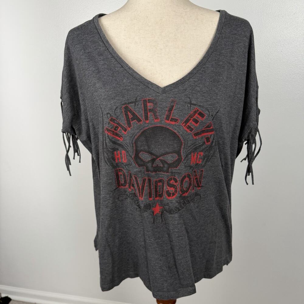 Harley Davidson Women’s Fringe Sleeve Gray Skull Graphic T Shirt Biker